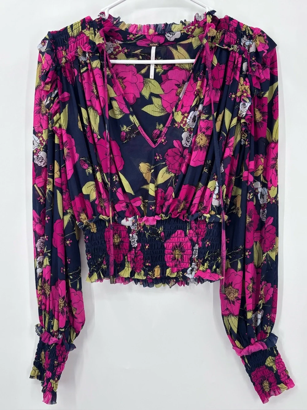 Free People Black Blouse with Fuchsia Floral Print